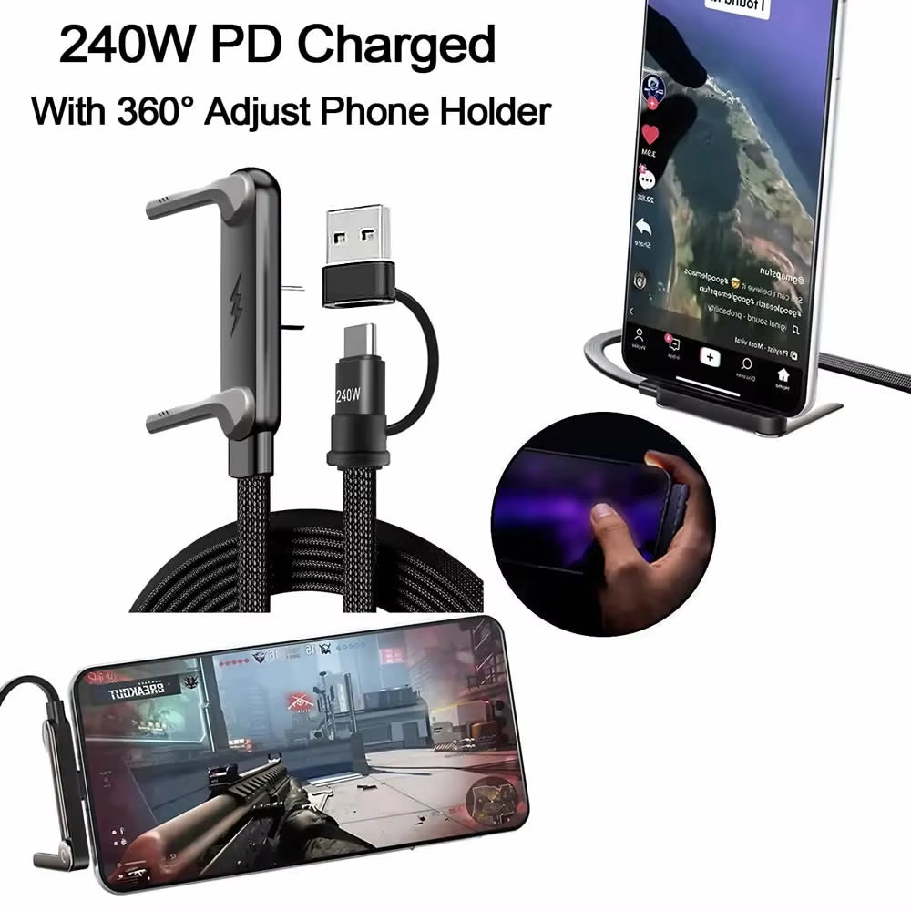 Sideways Phone Charger,Invisible Stand Charging Cable,Built in Phone Stand Charging Cord with Folding Phone Stand 2-In-1 Holder