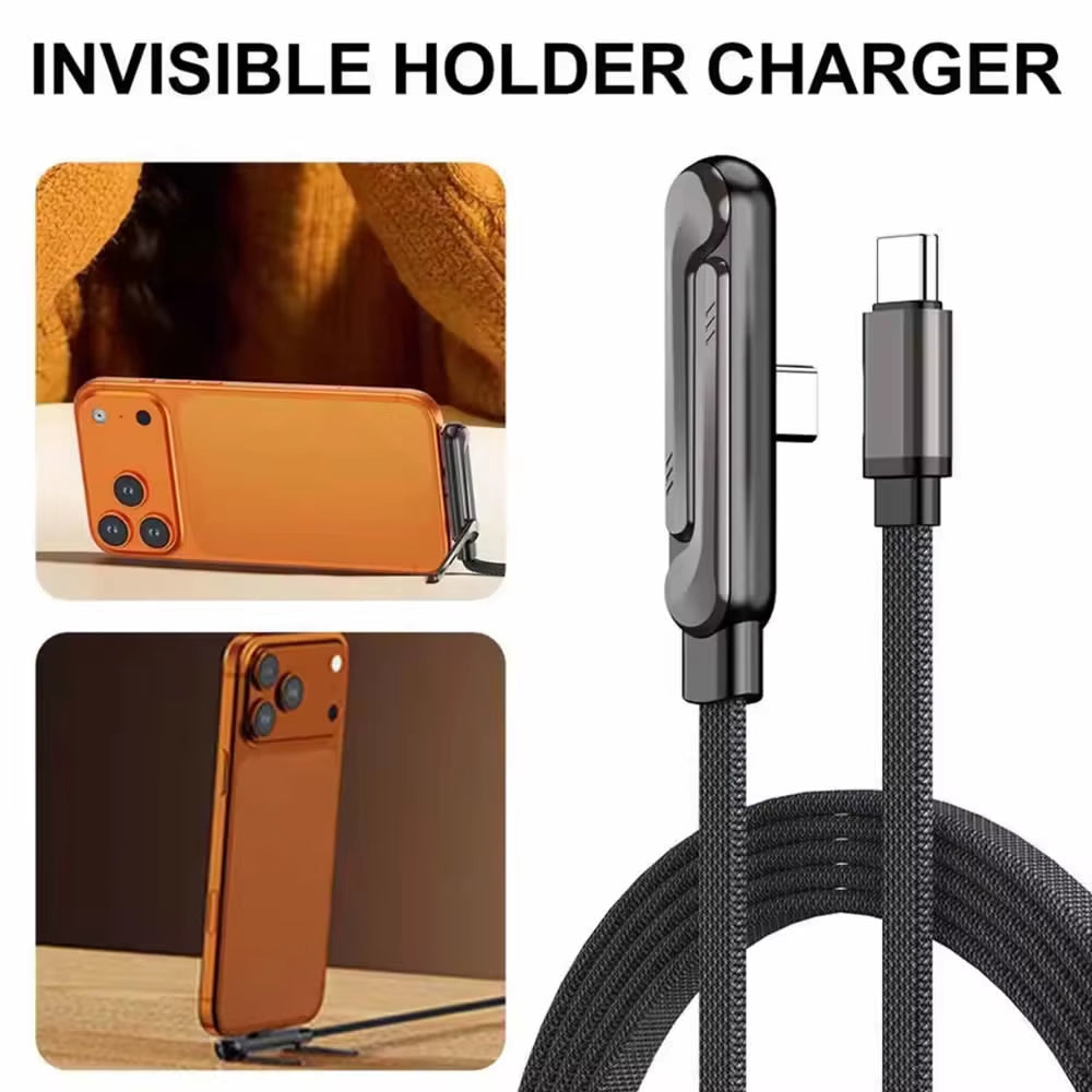 Sideways Phone Charger,Invisible Stand Charging Cable,Built in Phone Stand Charging Cord with Folding Phone Stand 2-In-1 Holder